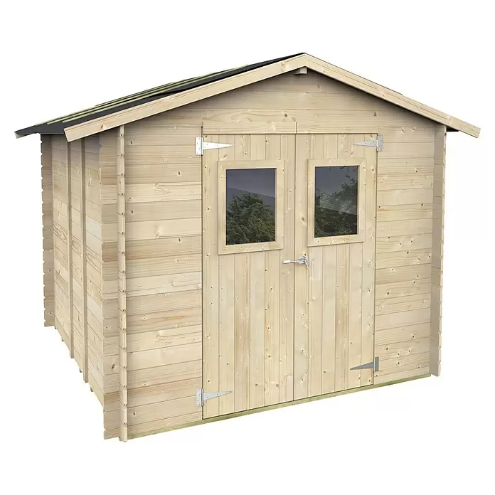 Twig Gerätehaus Firenze - Außenmaß inkl. Dachüberstand (B x T): 292 x 256 cm, Holz, Natur - Heller Holzgeräteschuppen mit Doppeltür und zwei Fenstern.