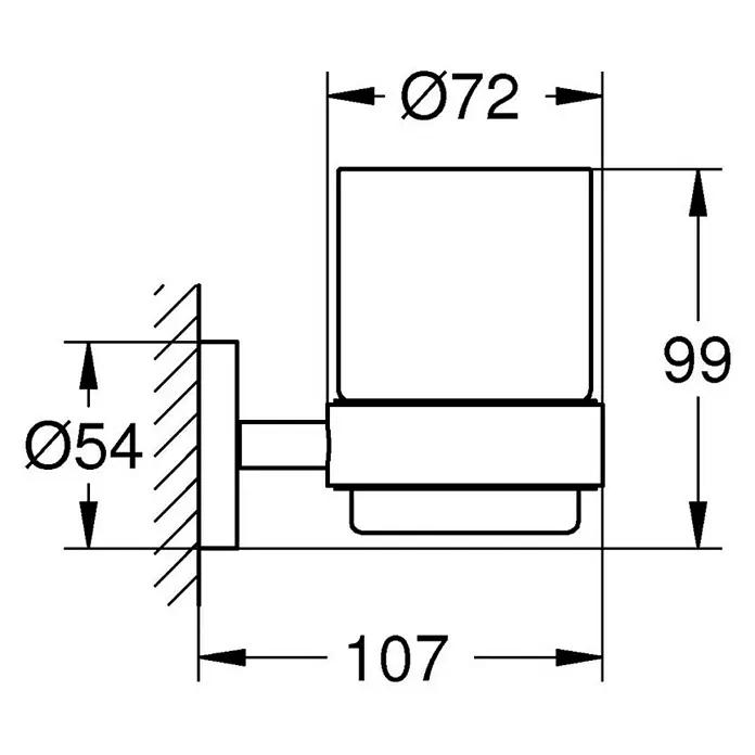 Grohe Essentials Ersatz-Zahnputzglas - Glas, Transparent - Technische Zeichnung einer Seifenablage mit den Maßen Ø54, Ø72, 99 und 107 zur detaillierten Produktansicht.
