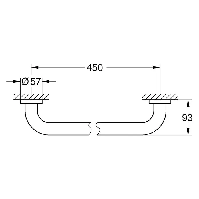 Grohe Essentials Wannengriff - Breite: 50,7 cm, Chrom, Glänzend - Technische Zeichnung einer Haltestange mit den Maßen 450 mm Länge und 57 mm Durchmesser, 93 mm Höhe.
