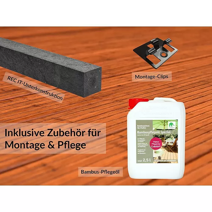 CoBaM Terrassenbau-Set Standard - Bambus, Deckfläche pro Paket: 15 m² - Zubehörset für Bambus-Terrassendielen: dunkler Unterkonstruktionsbalken, schwarze Montageclips und 2,5L Flasche Bambuspflegeöl zur Montage und Pflege.