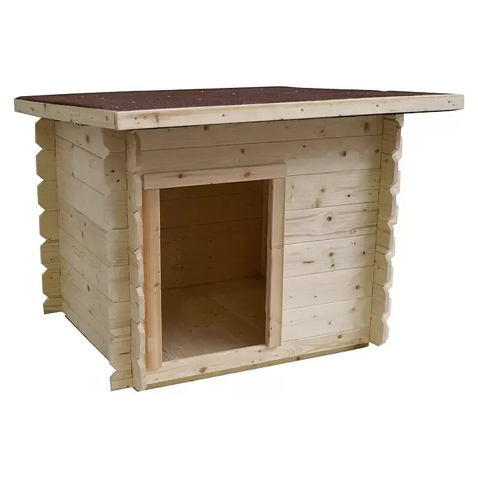 Hundehütte Lilly - 98 x 77 x 84 cm, Holz, Natur - Eine helle Holzhundehütte mit braunem Dach und offenem Eingang.