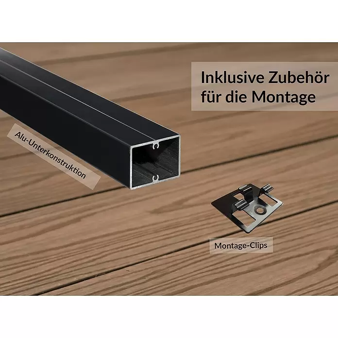 Elephant Terrassenbau-Set WPC strongWood - Walnuss/Vintage, Deckfläche pro Paket: 25 m² - Schwarzes Aluminium-Unterkonstruktionsprofil und schwarze Montage-Clips.
