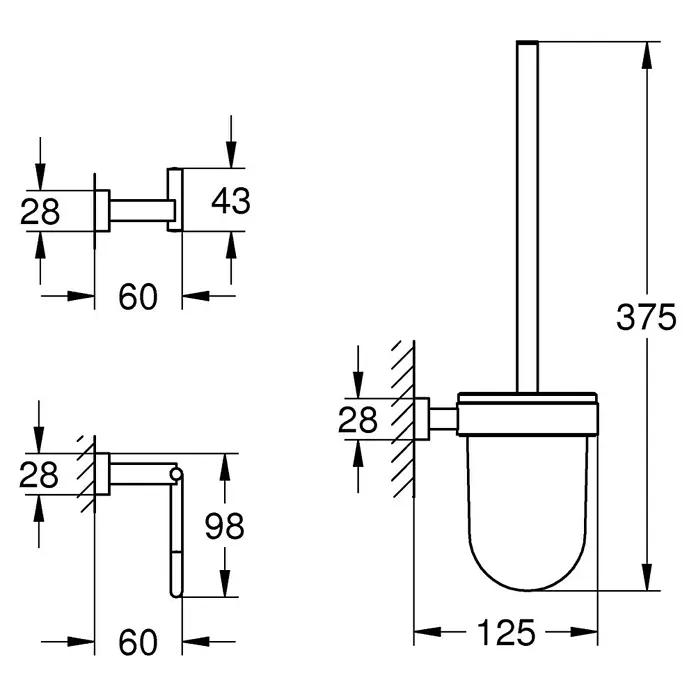 Grohe Essentials Cube WC-Set 3in1 - 3 -tlg., Chrom, Glänzend - Technische Zeichnung einer Toilettenbürste mit Wandhalterung und Maßangaben.