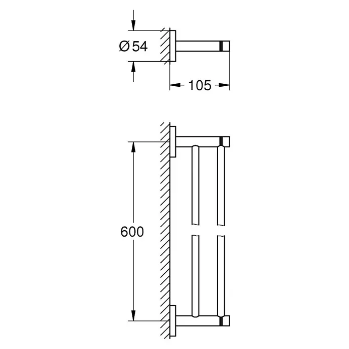 Grohe Essentials Doppel-Badetuchhalter - Chrom, Glänzend - Technische Zeichnung eines Handtuchwärmers mit Maßangaben zum Durchmesser (54 mm) und zur Länge (105 mm und 600 mm).