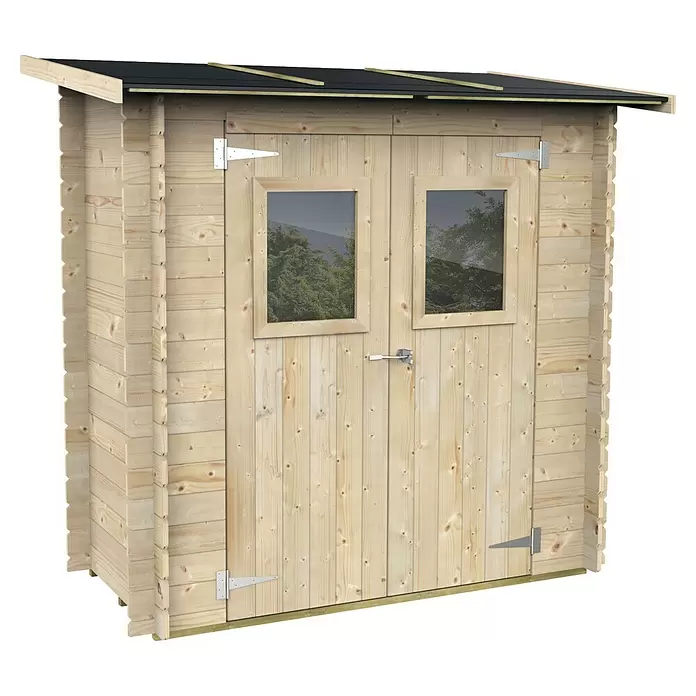 Twig Gerätehaus Firenze - Außenmaß inkl. Dachüberstand (B x T): 222 x 126 cm, Holz, Natur - Helles Gartenhaus aus Holz mit Doppeltür, zwei Fenstern und schwarzem Pultdach.