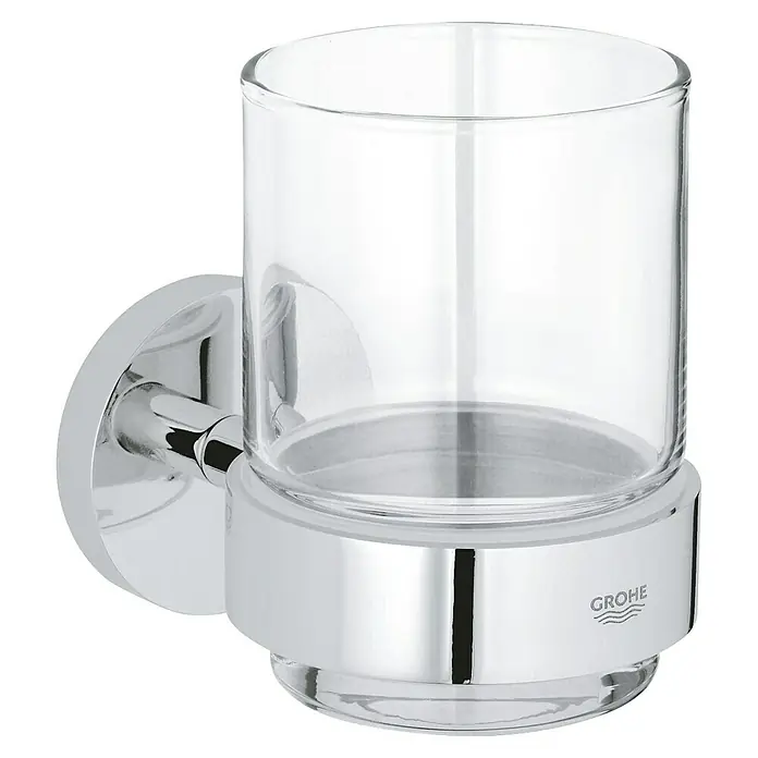 Grohe Essentials Zahnputzbecher - Mit Halterung, Chrom, Glänzend - Ein Grohe Essentials Zahnputzbecher mit Halterung in glänzendem Chrom-Finish und klarem Glas für Badezimmer-Accessoires.