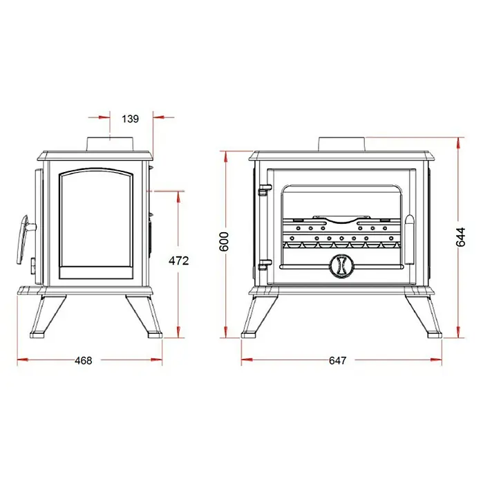 Invicta Estufa de leña Astana - 6 kW, Volumen de calefacción: 180 m³, Negro - Diagrama de una estufa de leña que muestra las medidas. La estufa se muestra lateralmente y frontalmente, incluidas las dimensiones de altura y anchura.