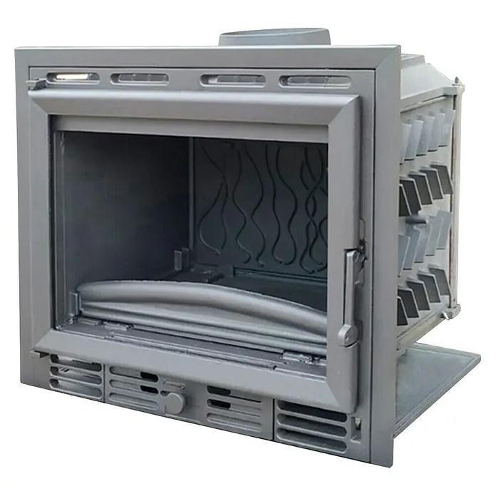 Hogar de leña 600 - L x An x Al: 40,5 x 58 x 55 cm, 8 kW, 200 m³, Antracita - Primer plano de un inserto de chimenea con la puerta abierta, mostrando el interior de la chimenea, ideal para noches de invierno acogedoras.