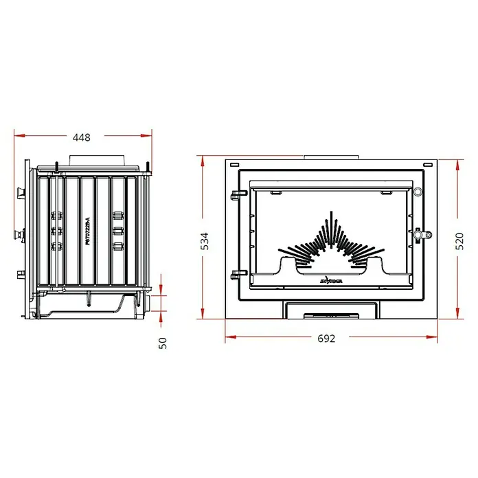 Invicta Hogar de leña 700 Elio - L x An x Al: 44,8 x 69,2 x 53,4 cm, 8 kW, 240 m³, Antracita - Imagen de un inserto de chimenea con dimensiones, que muestra las medidas de la unidad. Se muestran las vistas frontal y lateral con las dimensiones clave.