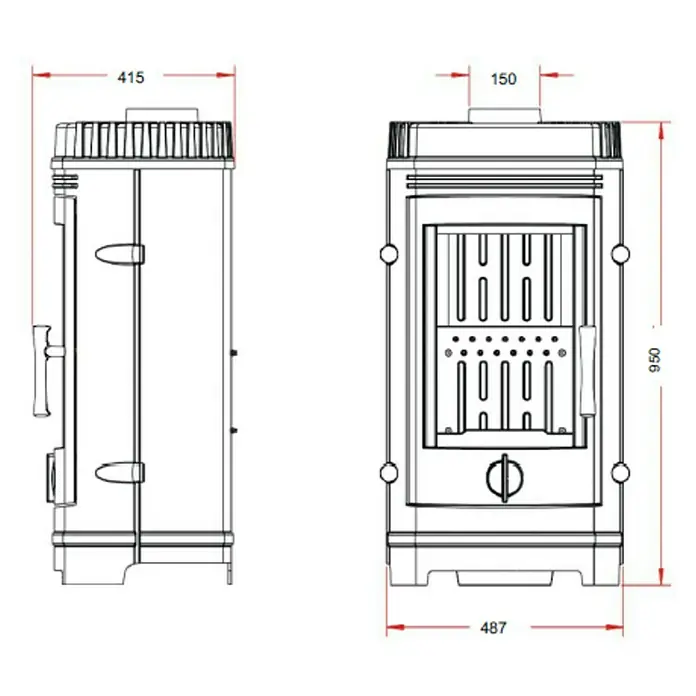 Invicta Estufa de leña Cassine - 10 kW, Volumen de calefacción: 400 m³, Antracita - Dibujo técnico de una estufa con dimensiones de ancho, alto y profundidad para información detallada del producto.