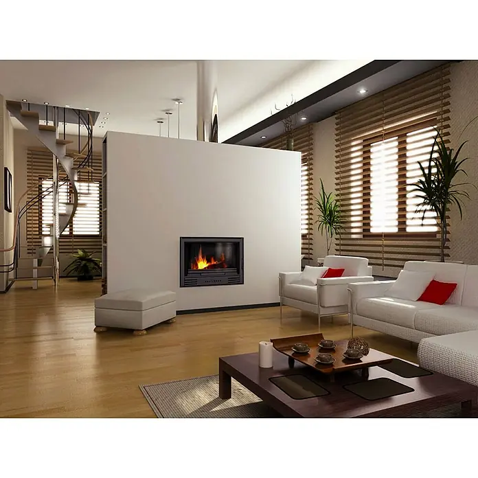 Insert de leña H700SC - L x An x Al: 44,3 x 70 x 55 cm, 10 kW, 200 m³, Antracita - Apartamento luminoso con una chimenea moderna, que añade calidez y confort a la habitación, complementado con muebles elegantes y elementos naturales.