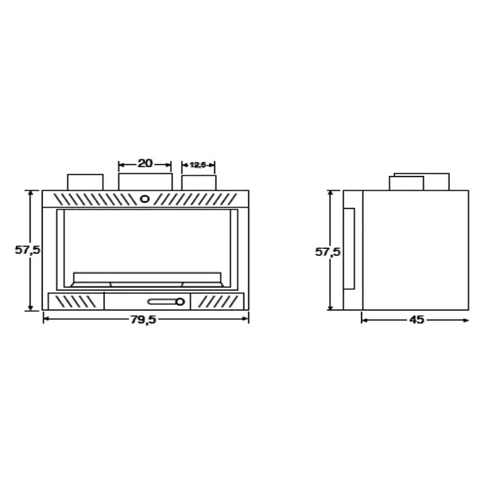 Insert de leña 800A - L x An x Al: 45 x 79,5 x 57,5 cm, 12 kW, 362,5 m³, Negro - Imagen del producto de una chimenea con dimensiones 79,5 x 57,5 x 45 cm.