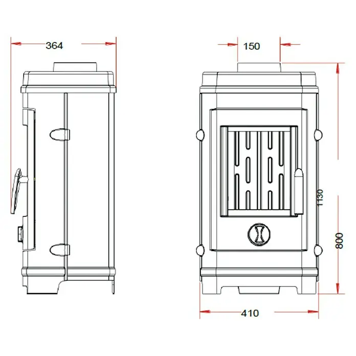 Invicta Estufa de leña Remilly - 7 kW, Volumen de calefacción: 210 m³, Antracita - Ilustración de una estufa de leña con medidas que detallan el ancho, la altura y la profundidad, ofreciendo información.