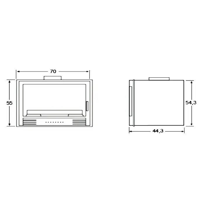 Insert de leña H700SC - L x An x Al: 44,3 x 70 x 55 cm, 10 kW, 200 m³, Antracita - Dibujo esquemático de una estufa con dimensiones (70x55x44,3x54,3 cm) para ilustrar las dimensiones del producto.