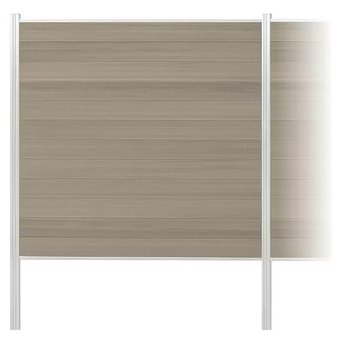 Elephant Steckzaun Cora Line für fünf Zaunfelder - 924 x 180 cm, Schilf/ Aluminium, Einbetonieren - Zaunfeld aus grauen Holzlatten mit weißen Pfosten und einem durchscheinenden rechten Abschnitt.