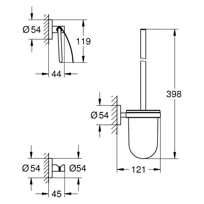 Grohe Essentials WC-Set 3in1 - 3 -tlg., Chrom, Glänzend - Abbildung einer Toilettenbürste und eines Toilettenpapierhalters mit Maßangaben zur Montage und Größe.