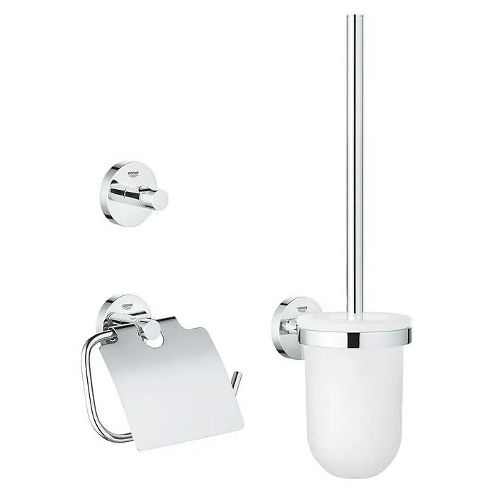 Grohe Essentials WC-Set 3in1 - 3 -tlg., Chrom, Glänzend - Dieses Bild zeigt ein Grohe Essentials Cube Bad-Accessoires-Set bestehend aus Toilettenpapierhalter, Handtuchhaken und WC-Bürstengarnitur.