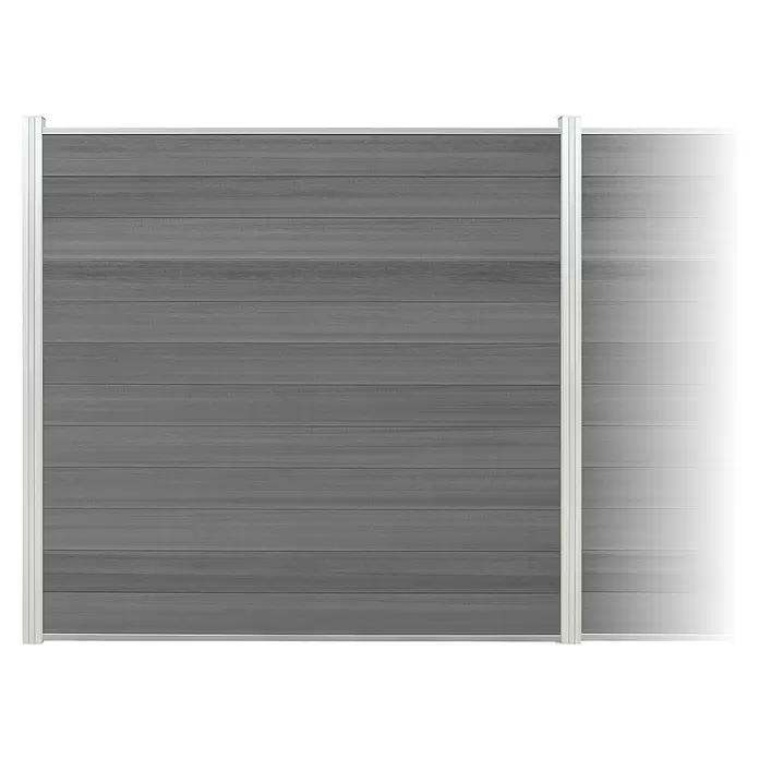 Elephant Steckzaun Cora Line für fünf Zaunfelder - 924 x 180 cm, Grau/ Aluminium, Schrauben - Graues Lamellenpaneel mit weißem Rahmen und angrenzendem durchscheinendem weißen Paneel.