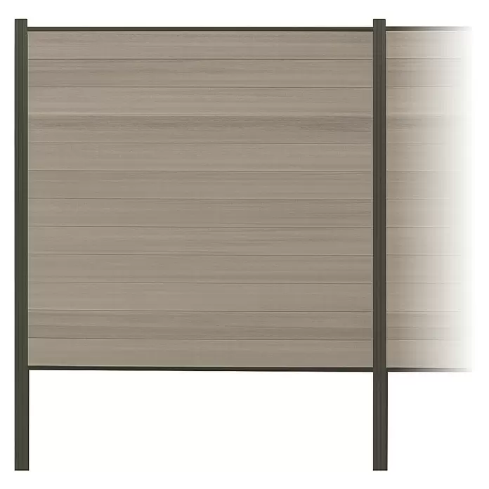 Elephant Steckzaun Cora Line für fünf Zaunfelder - 924 x 180 cm, Schilf/ Anthrazit, Einbetonieren - Hellgraues Lamellen-Sichtschutzelement mit dunkelgrauen Rahmenpfosten.