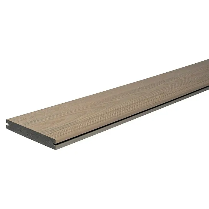Elephant Terrassenbau-Set WPC strongWood - Muschel/Stein, Deckfläche pro Paket: 12 m² - Nahaufnahme eines einzelnen Elements für Terrassendielen mit Nut- und Feder-Design, das sich ideal für den Außenbereich eignet und eine einfache Montage ermöglicht.