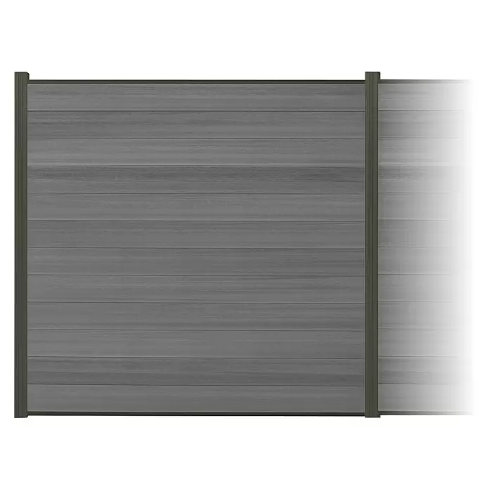 Elephant Steckzaun Cora Line für vier Zaunfelder - 740 x 180 cm, Grau/ Anthrazit, Schrauben - Graues Verbundzaunfeld mit horizontalen Latten und dunklen Pfosten, rechte Seite durchscheinend.