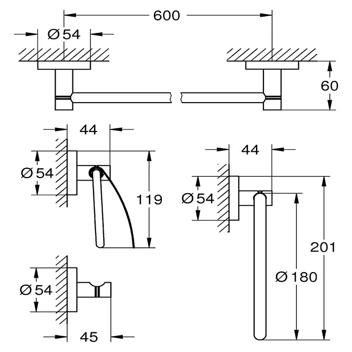 Grohe Essentials Bad-Set 4in1 Variante 2 - 4 -tlg., Chrom, Glänzend - Technische Zeichnung eines Badaccessoires mit Maßen. Das Design zeigt eine klare Formgebung und präzise Details für die Installation.