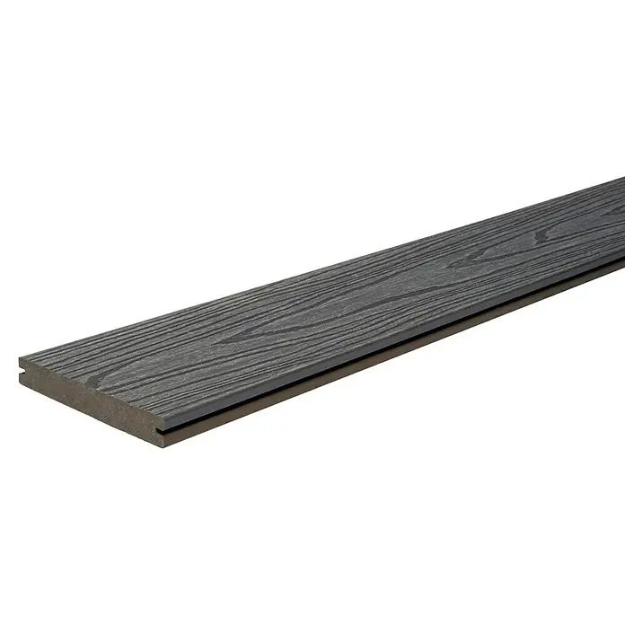 Elephant Terrassenbau-Set WPC strongWood - Teak/Grau, Deckfläche pro Paket: 25 m² - Nahaufnahme eines grauen Terrassendielen-Produkts mit Holzmaserung. Ideal für den Außenbereich und stilvolle Terrassen.