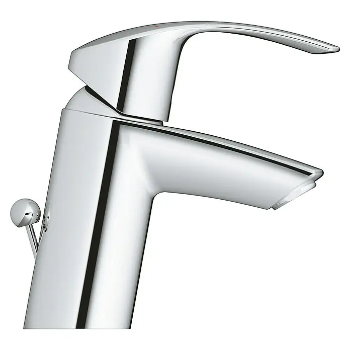 Grohe Eurosmart Waschtischarmatur S-Size - Mit Zugstange, Chrom, Glänzend - Nahaufnahme einer glänzenden, modernen Armatur. Das Chrom-Finish betont das schlanke Design und die klaren Linien der Badarmatur.