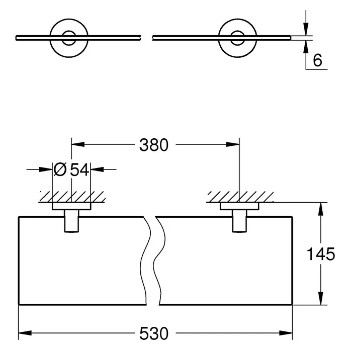 Grohe Essentials Glasablage - Breite: 53 cm, Chrom, Glänzend - Technische Zeichnung eines Handtuchhalters mit Maßangaben zu Länge, Durchmesser und Höhe.