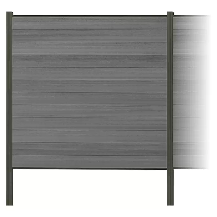 Elephant Steckzaun Cora Line für drei Zaunfelder - 557 x 180 cm, Grau/ Anthrazit, Einbetonieren - Graues Zaunelement mit horizontalen Latten und zwei dunklen Pfosten, ideal für Sichtschutz oder Gartenzäune.