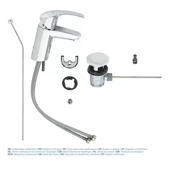 Grohe Eurosmart Waschtischarmatur S-Size - Mit Zugstange, Chrom, Glänzend - Verchromtes Badarmaturen-Set mit geflochtenen Schläuchen, Ablaufgarnitur und Zugstange.
