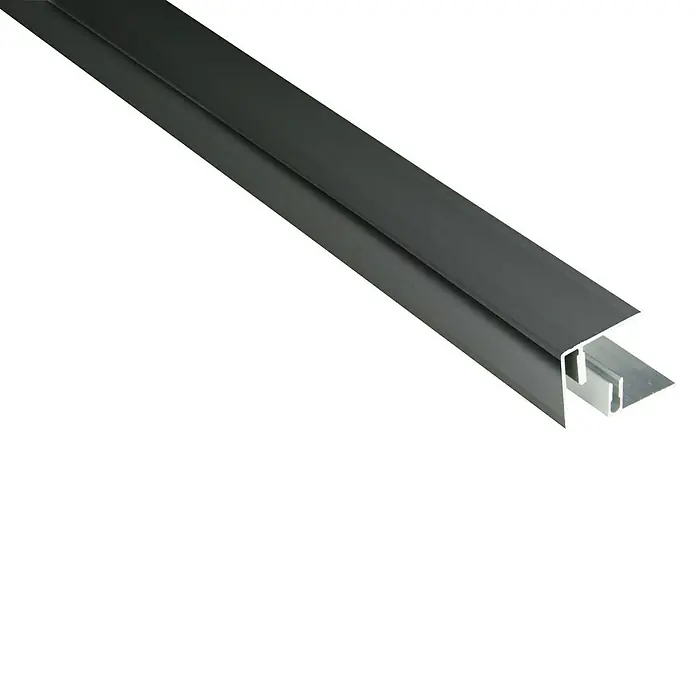 Kovalex Seitenabschlussprofil Aluminium - Anthrazit, 2.500 x 41 x 45 mm - Detailaufnahme eines Aluminium-Übergangsprofils mit T-Nut, ideal für saubere Übergänge und Befestigungen.