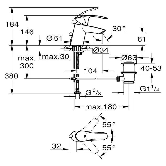 Grohe Eurosmart Waschtischarmatur S-Size - Mit Zugstange, Chrom, Glänzend - Schema des Wasserhahns mit Maßangaben für Installation und Design.