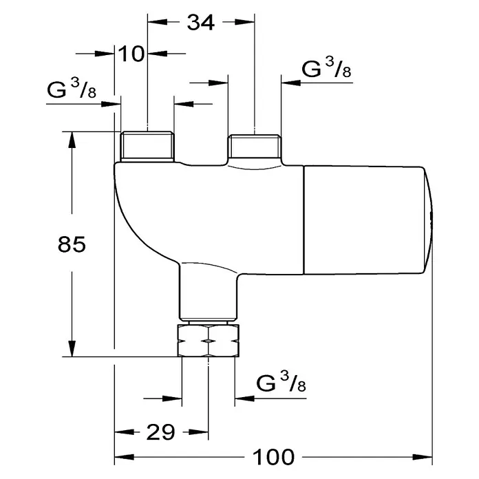 Grohe Thermostat-Ventilunterteil Grohtherm Micro - Messing, Chrom - Technische Zeichnung eines Produkts. Maße: 100 x 85 mm, G 3/8 Zoll Anschlüsse.
