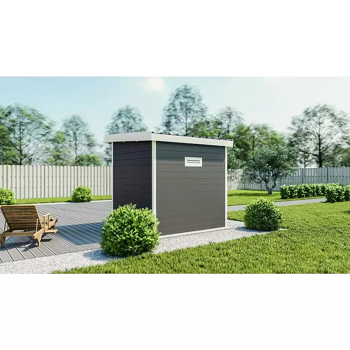 Elephant Gerätehaus - Außenmaß inkl. Dachüberstand (B x T): 230 x 230 cm, Verbundwerkstoff, Anthrazit/Weiß - Dunkelgrauer Gartenhaus mit weißer Zierleiste, horizontalen Paneelen, auf Kiesweg neben einer Terrasse in einem Garten.