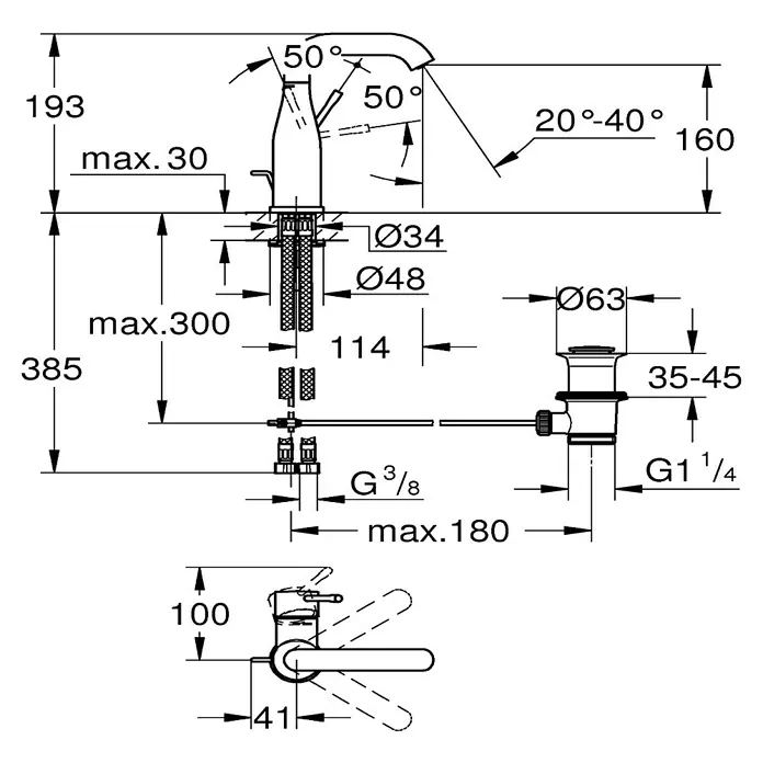 Grohe Essence New Waschtischarmatur M-Size - Mit Zugstange, Chrom, Glänzend - Detailzeichnung einer Armatur mit Maßen und Winkeln. Wichtige Abmessungen und Anschlüsse sind dargestellt.