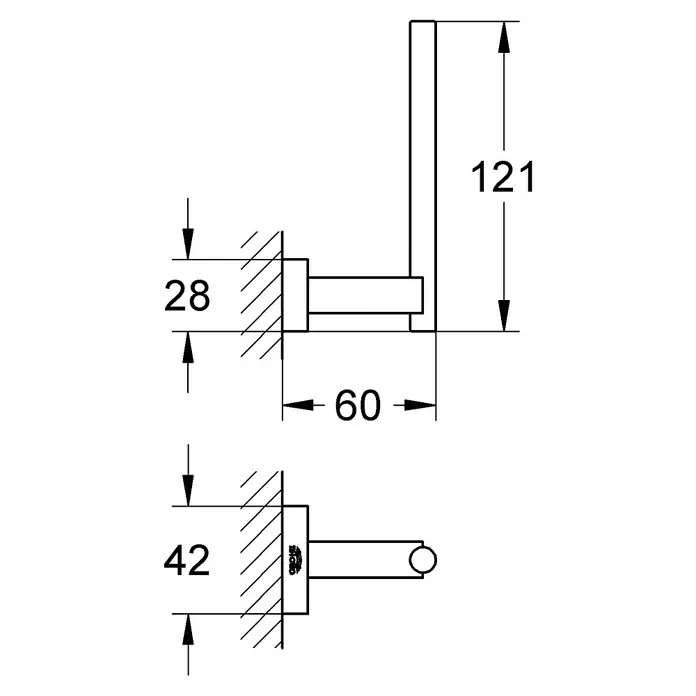 Grohe Essentials Cube Reserve Papierrollenhalter - Chrom, Glänzend - Produktskizze eines Handtuchhalters mit Maßangaben für Montage und Größe, inklusive Wandabstand und Höhe des Haltearms.