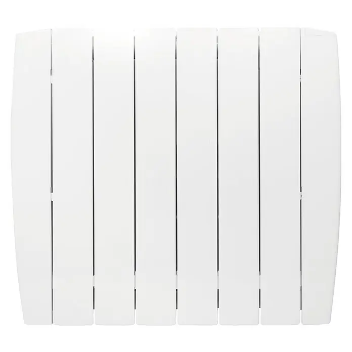 HJM Emisor térmico Optima - 1.000 W, Blanco, 9,5 x 59,9 x 58 cm, Cerámico - Primer plano de un radiador blanco con varios paneles verticales para una distribución eficiente del calor.