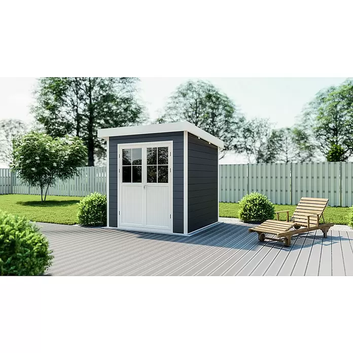 Elephant Gerätehaus - Außenmaß inkl. Dachüberstand (B x T): 230 x 230 cm, Verbundwerkstoff, Anthrazit/Weiß - Dunkelgrauer Geräteschuppen mit weißen Türen auf einer Lamellenterrasse im Garten mit Liegestuhl.