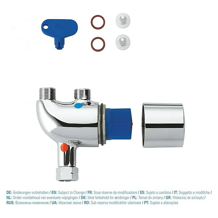 Grohe Thermostat-Ventilunterteil Grohtherm Micro - Messing, Chrom - Abbildung eines Grohe-Thermostatventils mit Zubehörteilen, das eine präzise Temperaturregelung ermöglicht.