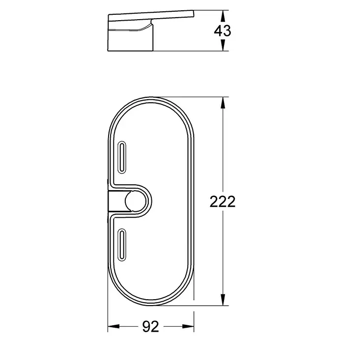Grohe Seifenschale Vitalio Universal - Geeignet für: Brausestangen - Produktabbildung mit Maßangaben. Die Armatur ist 43 mm hoch, die Grundplatte ist 222 mm hoch und 92 mm breit.