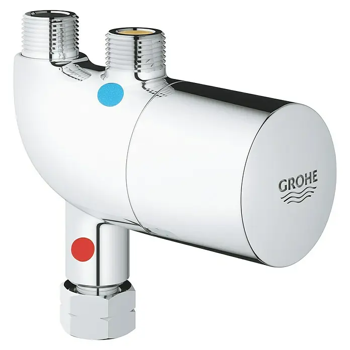 Grohe Thermostat-Ventilunterteil Grohtherm Micro - Messing, Chrom - Produktbild einer Grohe Thermostatarmatur in Chromoptik mit blauer und roter Markierung für Kalt- und Warmwasser.