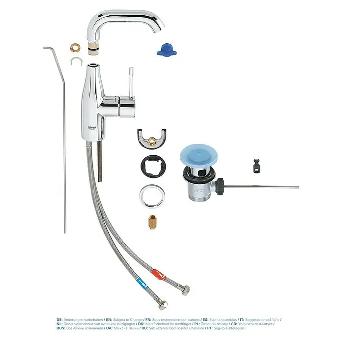 Grohe Essence New Waschtischarmatur M-Size - Mit Zugstange, Chrom, Glänzend - Darstellung einer GROHE Küchenarmatur mit Zubehör, inklusive Hahn, Ablaufgarnitur und flexiblen Anschlussschläuchen.