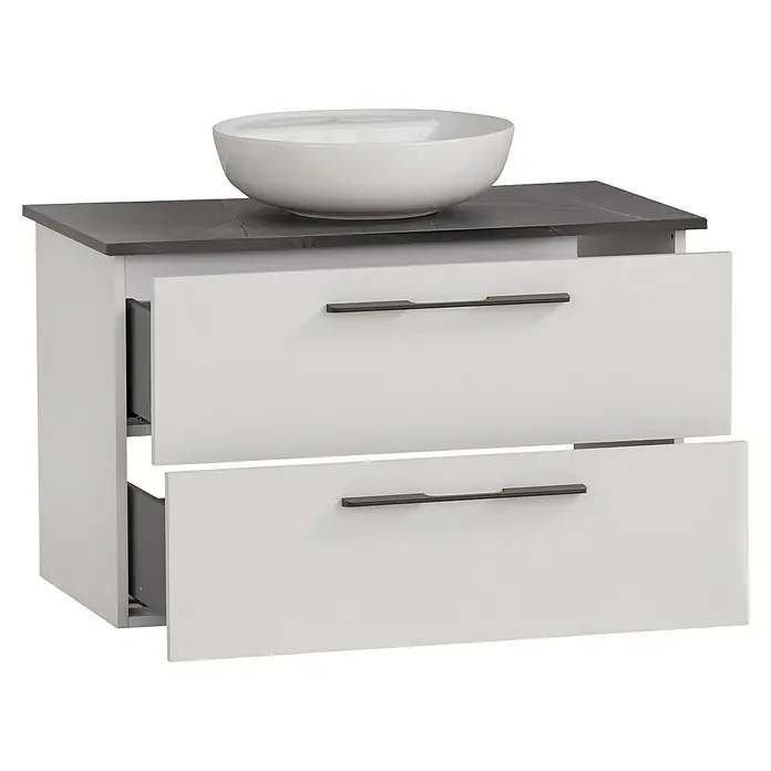 Schildmeyer Maxim Badmöbel-Set - 86 cm, Weiß/Grau, Matt, Mit rundem Aufsatzwaschbecken - Dieser Waschtischunterschrank mit zwei Schubladen bietet Stauraum und verfügt über eine moderne Optik. Ideal für jedes Badezimmer.