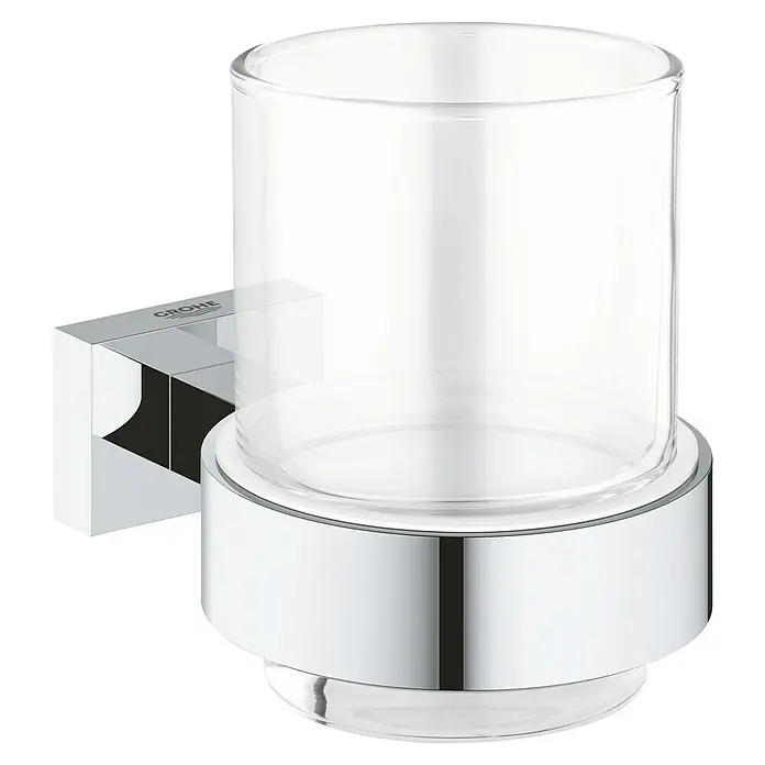 Grohe Essentials Cube Zahnputzbecher - Mit Halterung, Chrom, Glänzend - Elegantes Grohe Essentials Zahnputzbecher-Set mit Chromhalterung und klarem Glas, perfekt für jedes moderne Badezimmer.