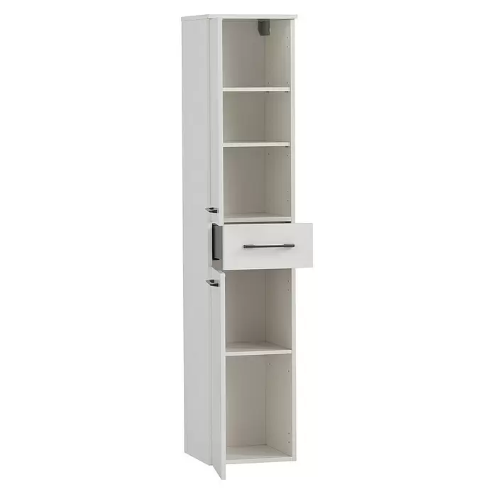 Schildmeyer Maxim Hochschrank - B x T x H: 32,7 x 35,3 x 159,1 cm, Weiß, Matt - Weißer Hochschrank mit offenen Regalen, einer Schublade mit dunklem Griff und einer teilweise geöffneten Tür.