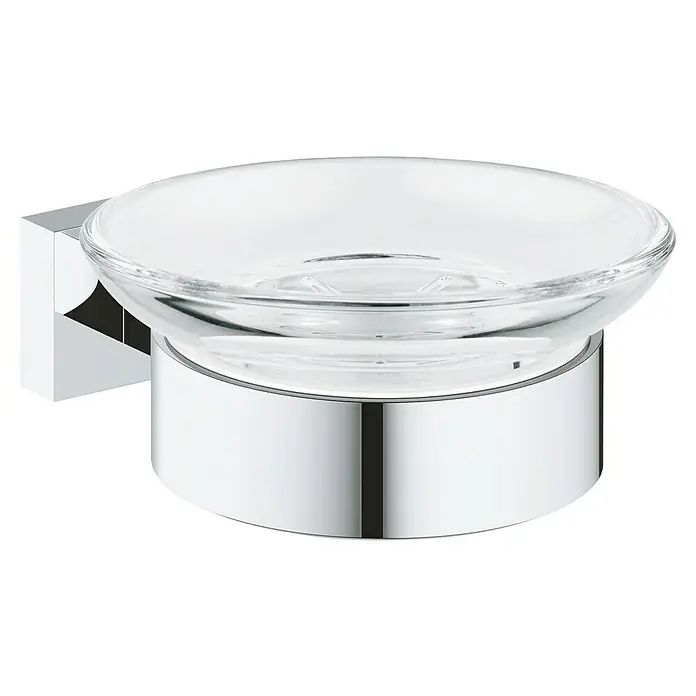 Grohe Essentials Cube Seifenschale - Mit Halterung, Chrom, Glänzend - Ein elegantes, gläsernes Seifenablage-Set mit Chromhalterung zur stilvollen Aufbewahrung von Seife im Badezimmer.