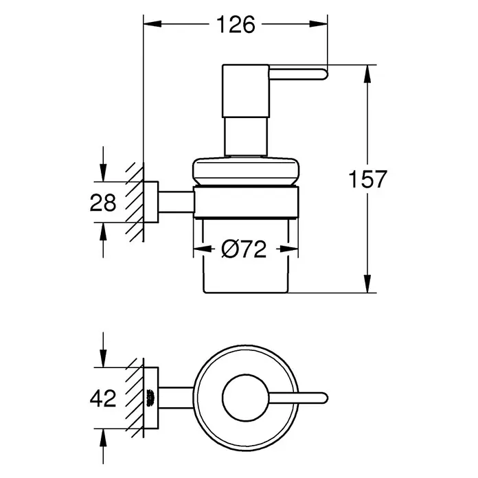 Grohe Essentials Cube Seifenspender - Mit Halterung, Chrom, Glänzend - Technische Zeichnung eines Seifenspenders mit den Maßen 157 mm Höhe und 72 mm Durchmesser.