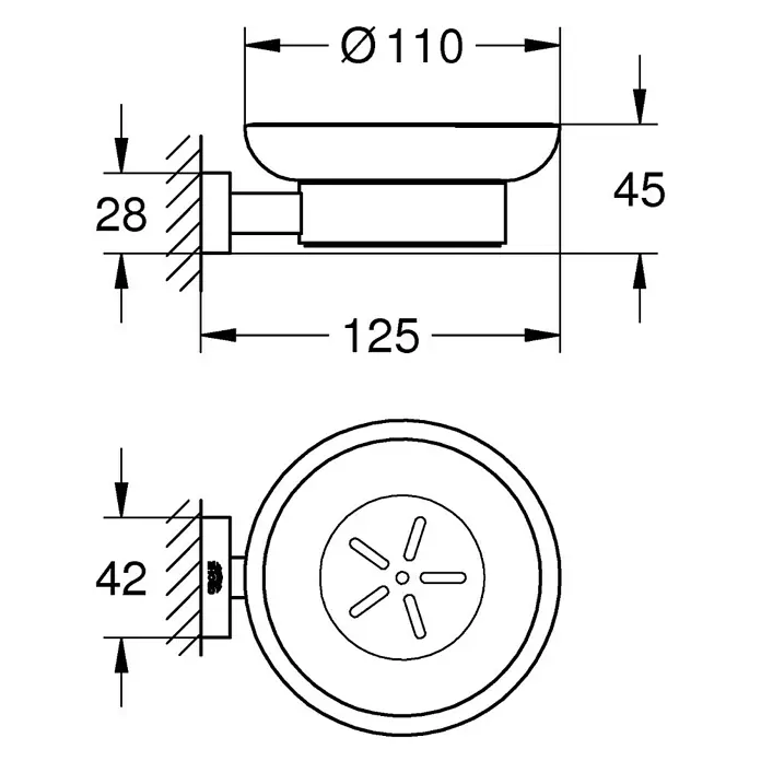 Grohe Essentials Cube Seifenschale - Mit Halterung, Chrom, Glänzend - Technische Zeichnung einer Seifenschale zur Wandmontage mit Maßangaben.