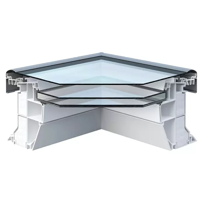Solid Elements Flachdachfenster FRF - 60 x 60 cm - Querschnitt einer weißen PVC-Lichtkuppelbasis mit Dreifachverglasung, der ihre Isolierstruktur zeigt.